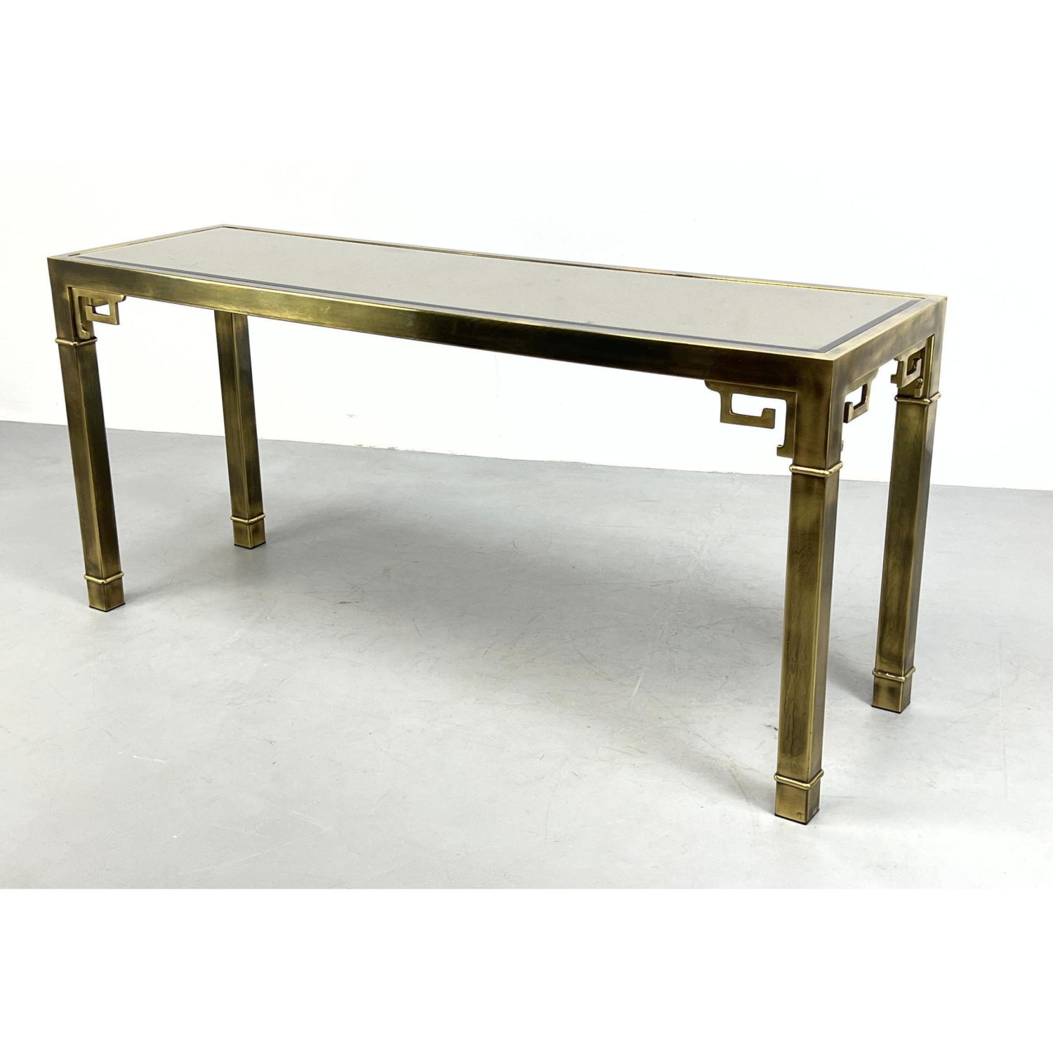 Appraisal: MASTERCRAFT Brass Console Hall Table Inset mirror top Dimensions H