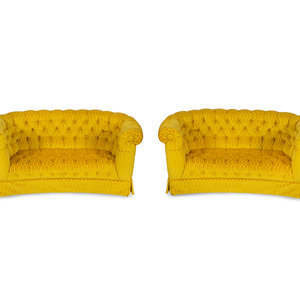 Appraisal: A Pair of Button Tufted Sofas th Century Height x