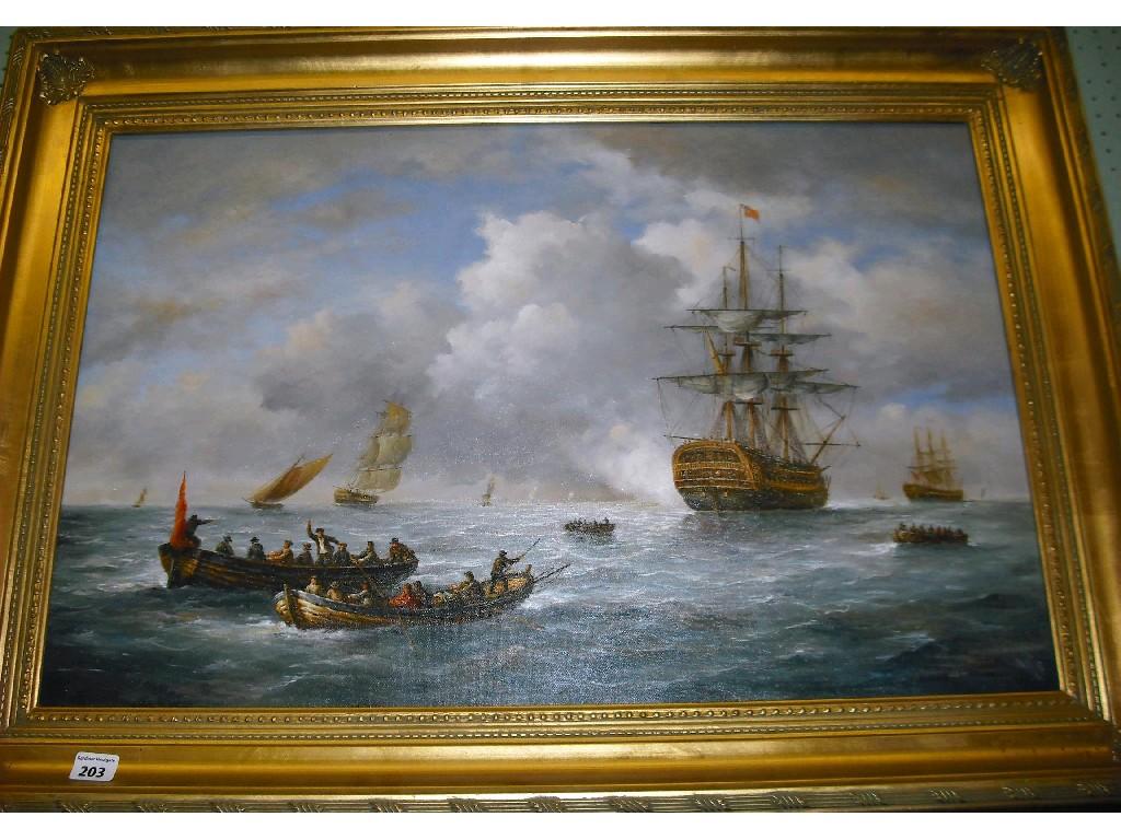 Appraisal: By Henry Wilson - flagship under attack signed oil within