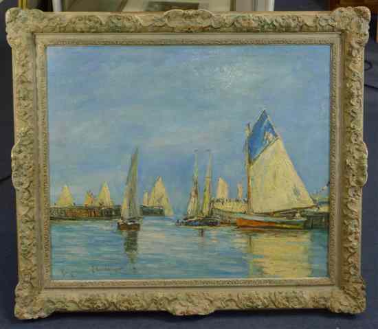 Appraisal: Eugene Claude - oil on canvas Fishing boats in harbour