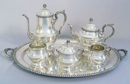 Appraisal: POOLE ''GEORGIAN'' PIECE STERLING TEA SET WITH TRAY Georgian pattern