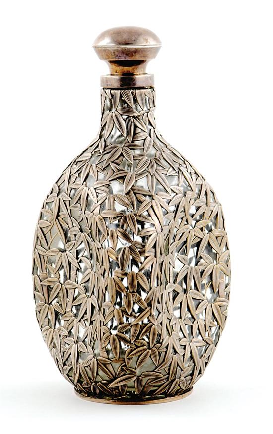 Appraisal: Unusual silver-overlay decanter bamboo silver design on pinched bottle with