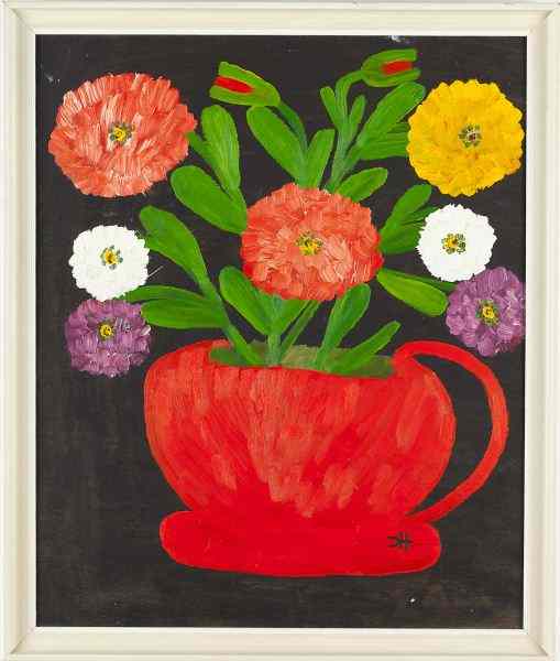 Appraisal: Clementine Hunter LA - Zinniasoil on board monogrammed at lower