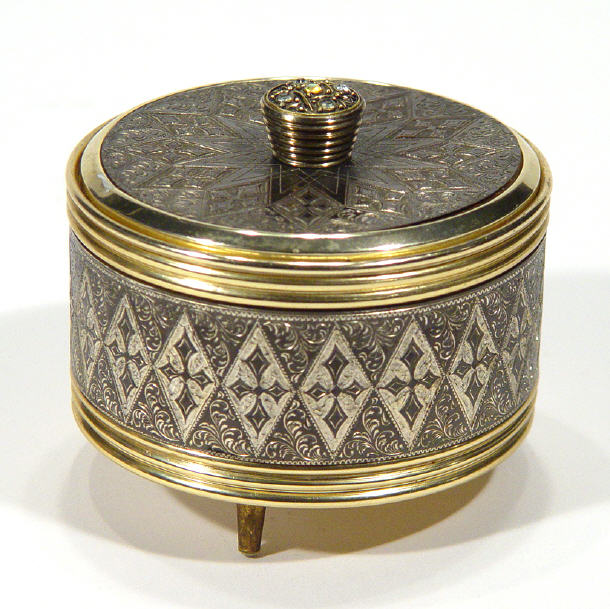 Appraisal: 's musical powder bowl and cover with chased and jeweled