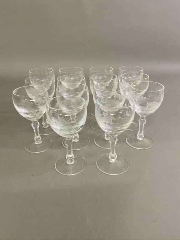 Appraisal: Fourteen crystal wine glasses each with etched Aftrican animals h