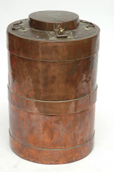 Appraisal: A TH CENTURY ENGLISH COPPER AND BRASS CANNISTER Stamped Walker