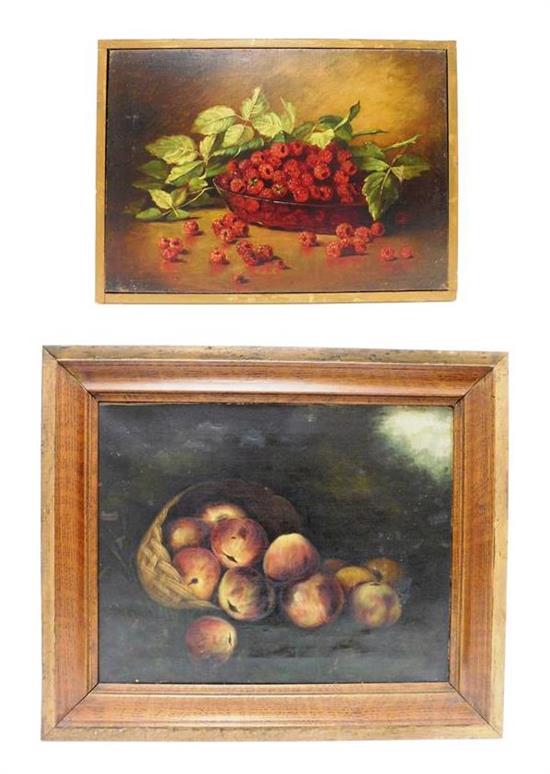 Appraisal: Two folk art oils on canvas depicting fruit first depicting