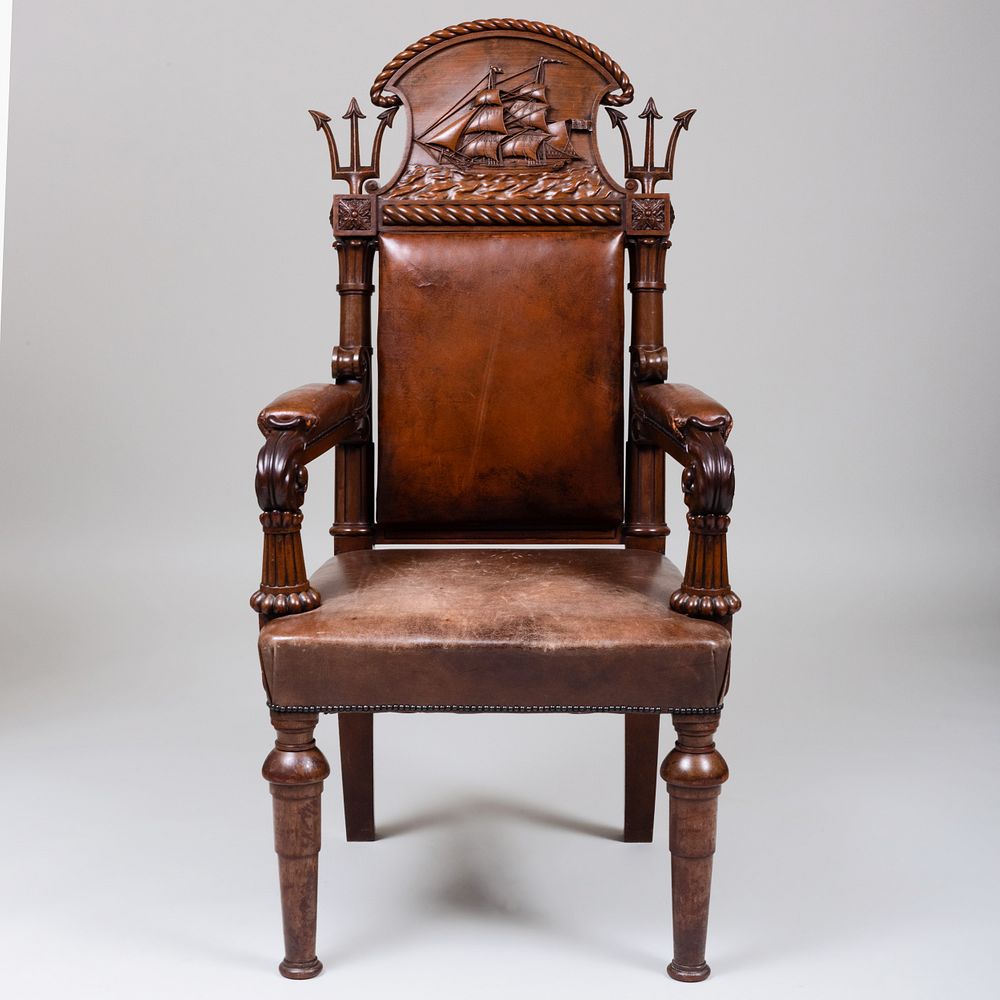 Appraisal: Large Late Regency Carved Mahogany and Leather 'Master and Commander'