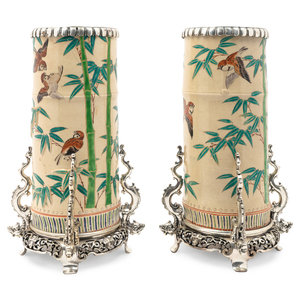 Appraisal: A Pair of Japonisme Silvered-Metal-Mounted Earthenware Vases CIRCA Height inches