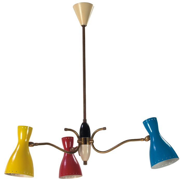 Appraisal: Italian hanging light s red blue and yellow aluminum shades