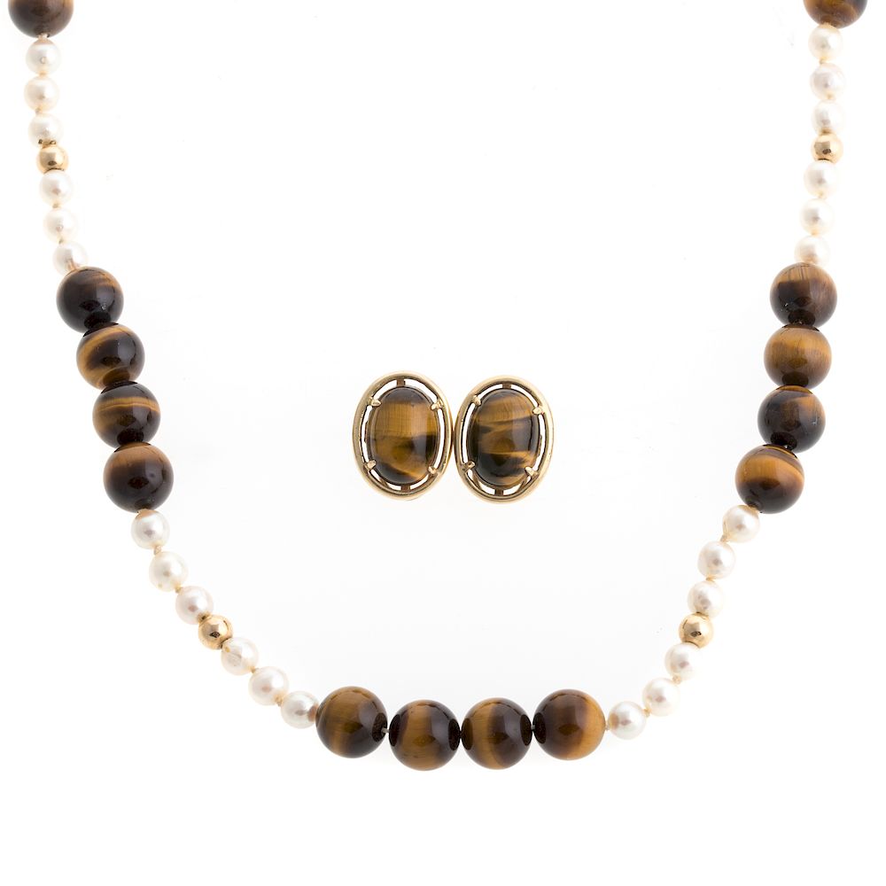 Appraisal: A Pair of K Tiger's Eye Earrings Necklace K yellow