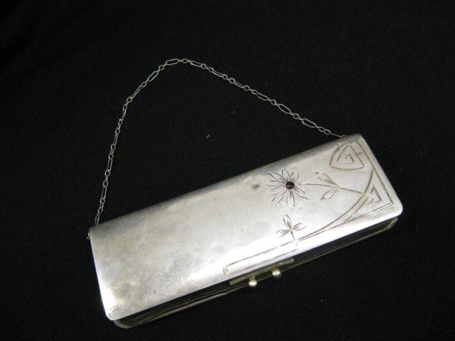 Appraisal: Russian Sterling Silver Purse circa leather interior garnet in engraved