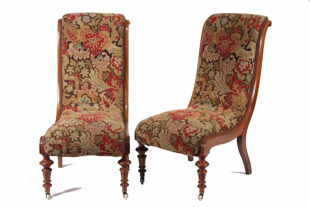 Appraisal: PAIR OF UPHOLSTERED BOUDOIR CHAIRS - Victorian Slipper Chairs in