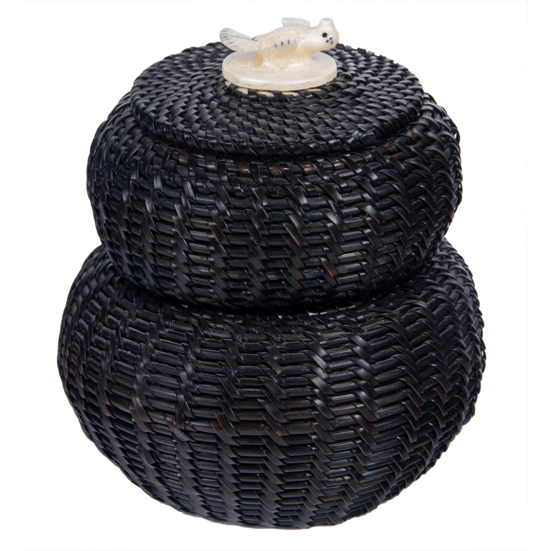 Appraisal: An Eskimo baleen double gourd stacking basket fitted with a