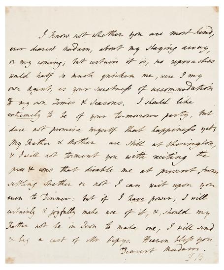 Appraisal: BURNEY Fanny - Autograph letter signed with Fanny Burney s