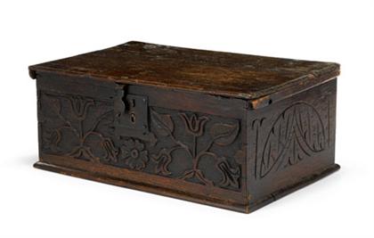 Appraisal: English carved oak document box th century The hinged rectangular