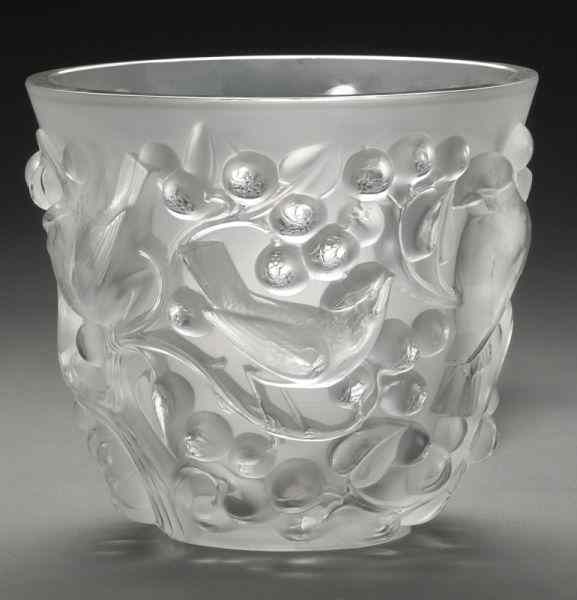 Appraisal: R Lalique ''Avallon'' clear frosted glass vasemolded with birds amidst