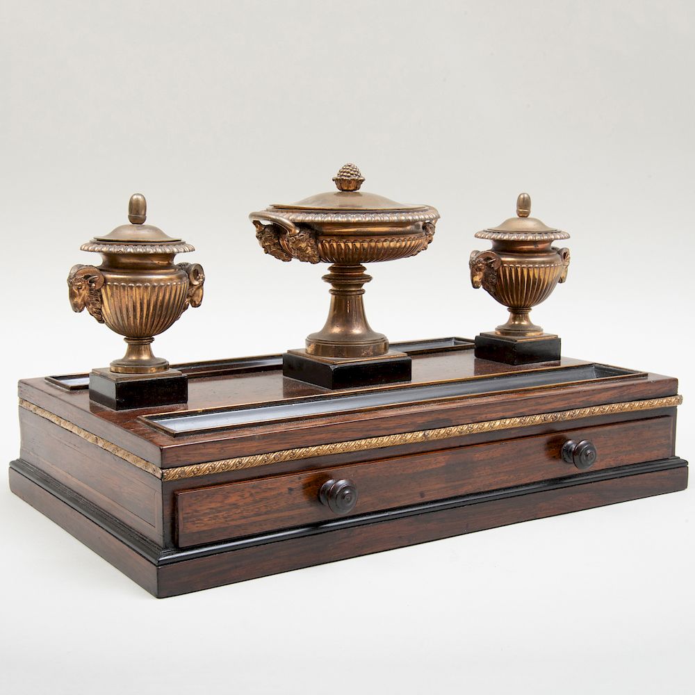 Appraisal: Regency Gilt-Bronze-Mounted Ebony Inlaid Rosewood Inkstand Attributed to Benjamin Lewis