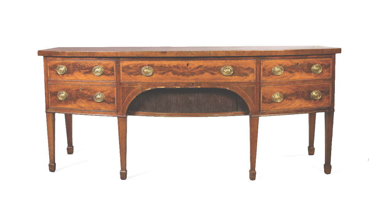 Appraisal: ENGLISH HEPPLEWHITE INLAID-MAHOGANY BOWFRONT SIDEBOARD The rectangular top with shaped