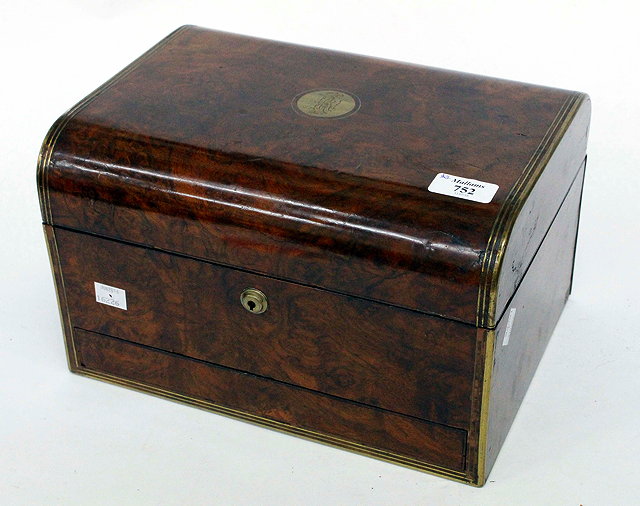 Appraisal: A VICTORIAN FIGURED WALNUT GAMES BOX with fitted interior stamped