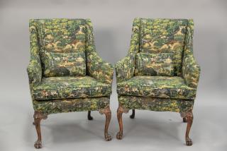 Appraisal: Pair of upholstered chairs with claw feet upholstery with sporting