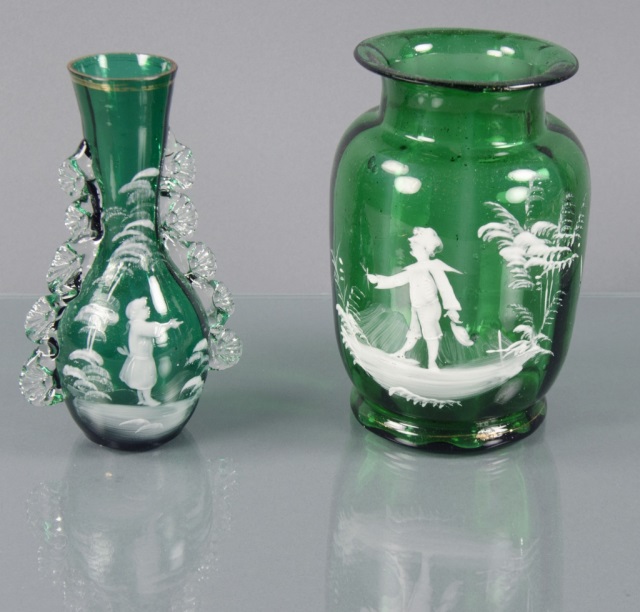 Appraisal: Two Mary Gregory Emerald Green VasesBoth decorated with white enamel