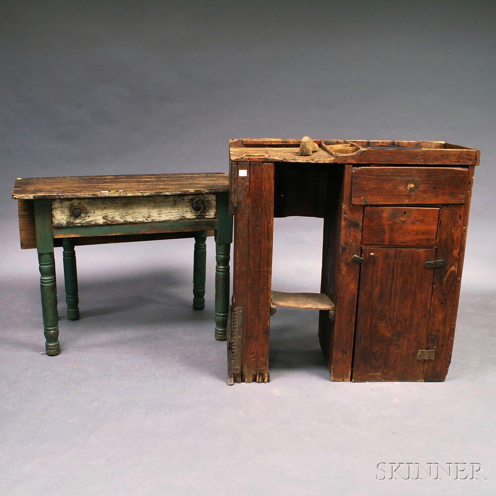 Appraisal: Pine Cobbler's Bench and Painted Swing-leg Worktable the bench accompanied