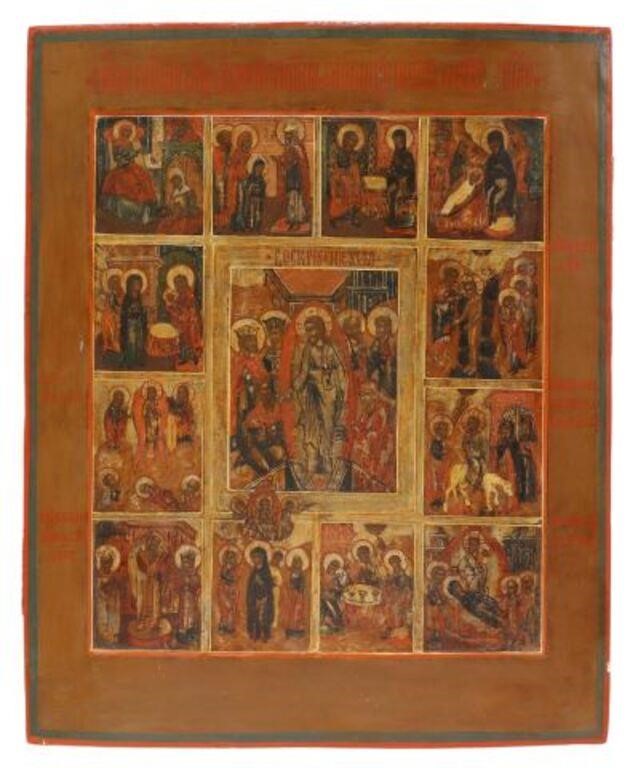 Appraisal: Russian Orthodox icon on wood panel Twelve Great Feasts overall