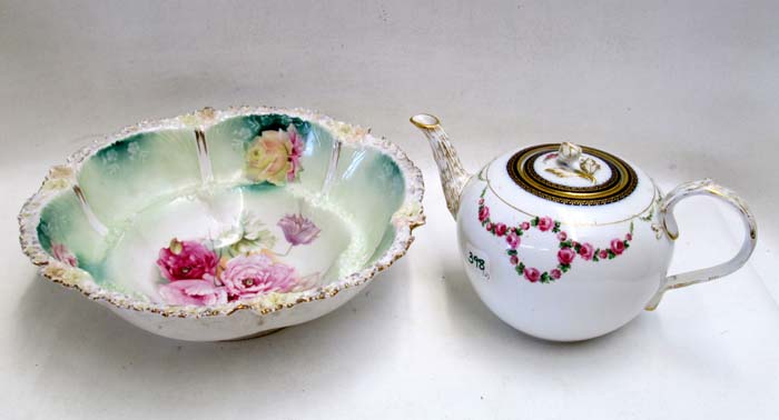 Appraisal: MEISSEN PORCELAIN TEA POT AND RS PRUSSIA FRUIT BOWL the