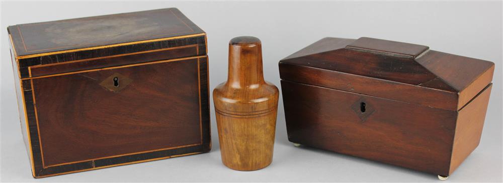 Appraisal: TWO WOOD TEA CADDIES AND A TREEN- CASED SCENT BOTTLE