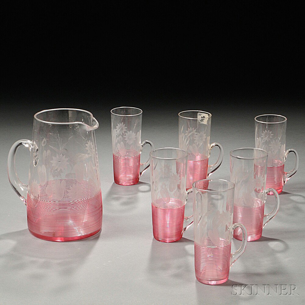 Appraisal: Group of Pink Threaded and Engraved Glass Objects America late