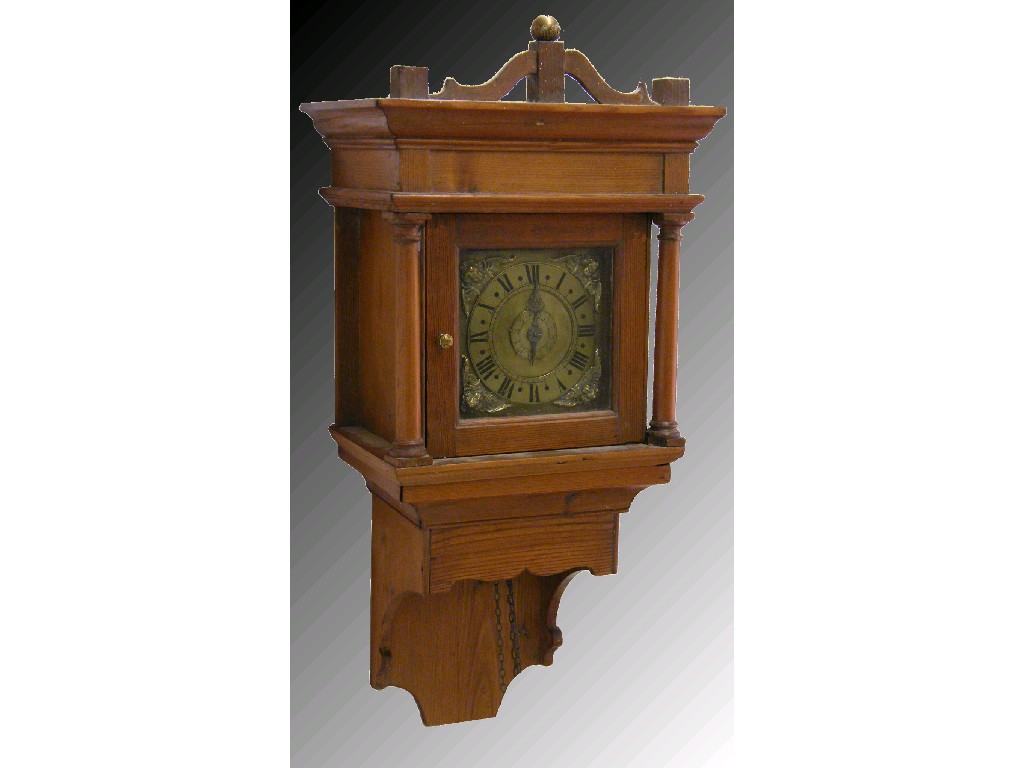 Appraisal: Interesting early thirty hour pine hooded wall clock with birdcage