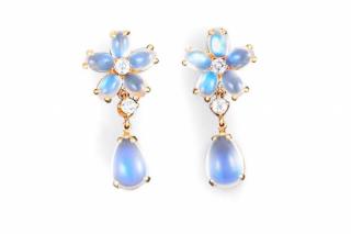 Appraisal: A Pair of Gold Diamond and Moonstone Drop Earrings A