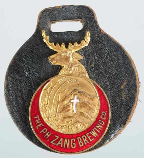 Appraisal: PH Zang Brewing Co Pin on Leather Fob Nice die-cut