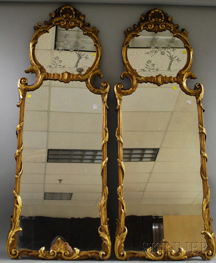 Appraisal: Pair of Rococo-style Gilt-gesso and Etched Glass Mirrors lg in