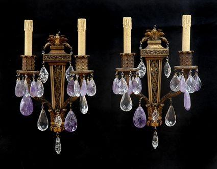 Appraisal: PAIR OF NEOCLASSICAL-STYLE AMETHYSTINE QUARTZ AND GLASS-MOUNTED GILTWOOD TWO-LIGHT WALL