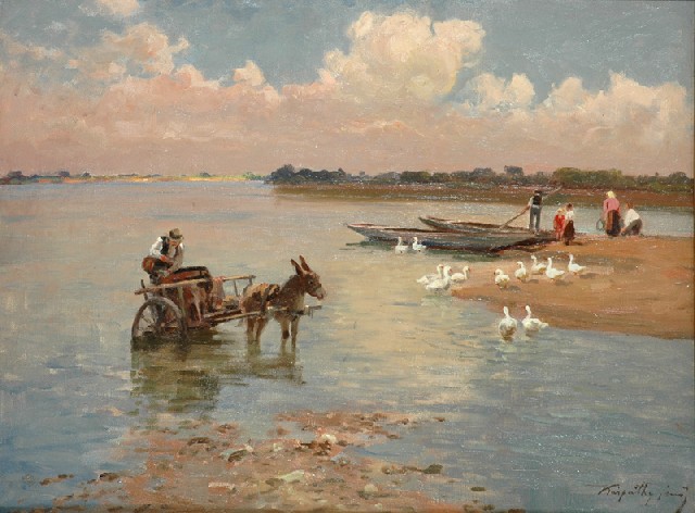 Appraisal: Jeno Karpathy Hungarian - Donkey Cart and Geese oil on