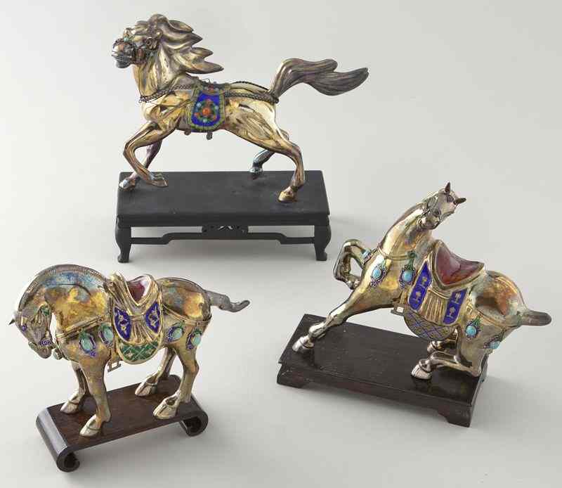 Appraisal: Chinese enamel over silver Tang style horses stamped '' ''