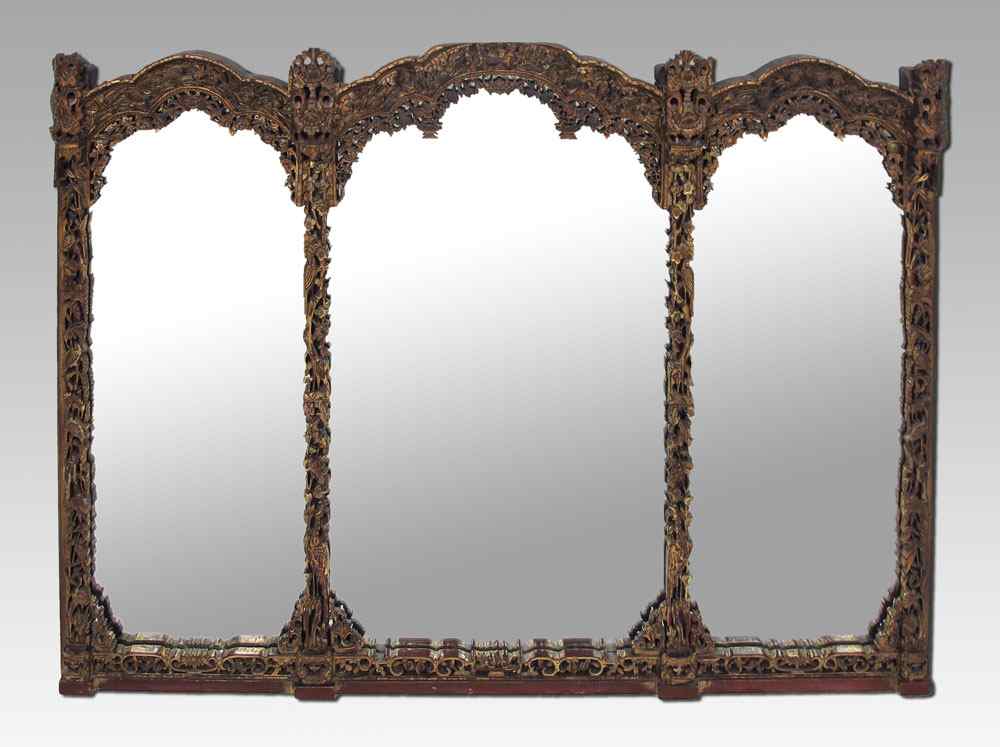 Appraisal: CHINESE CARVED GILT LACQUER TRIPTYCH MIRROR Intricate and profusely carved