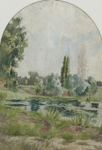 Appraisal: French School ca 's Landscape with a pond Watercolor on