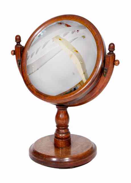 Appraisal: A VICTORIAN MAHOGANY SHAVING MIRROR with convex swing plate acorn