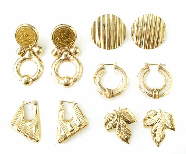 Appraisal: A collection of eight pairs of gold earrings grams