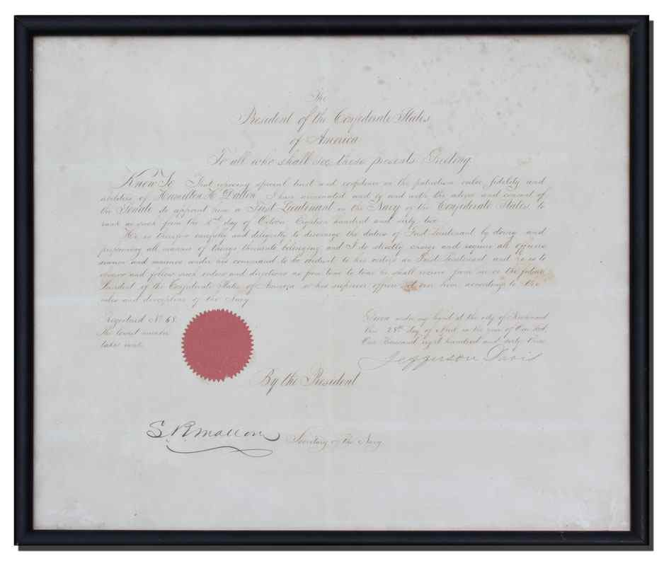 Appraisal: RARE JEFFERSON DAVIS SIGNED CONFEDERATE NAVAL COMMISSION Commission to Hamilton