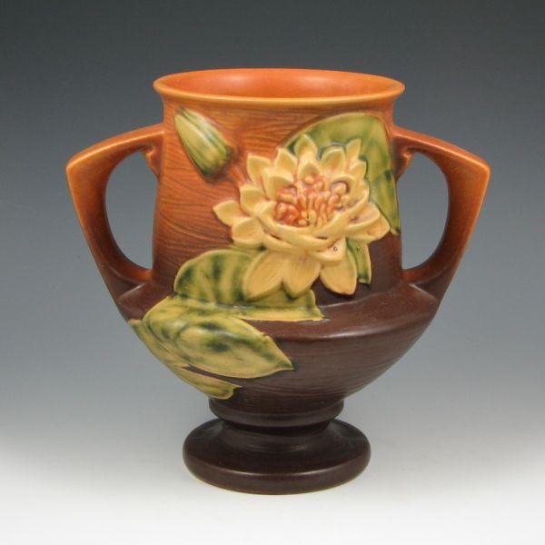 Appraisal: Roseville Water Lily double handled vase in brown Marked Roseville