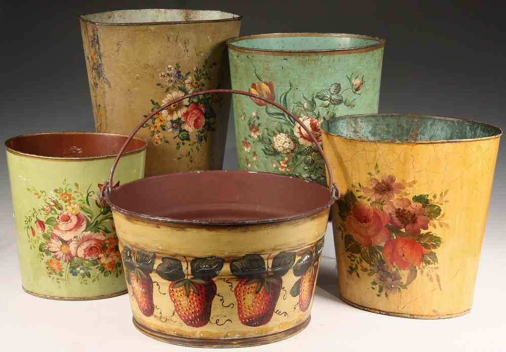 Appraisal: TOLE PAINTED WASTE BASKETS BUCKET - Four Early Tole Painted