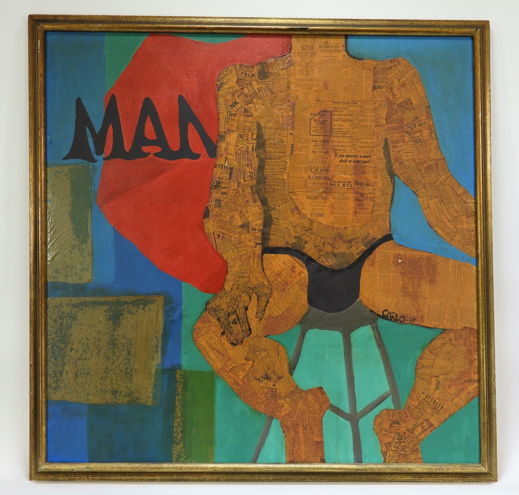 Appraisal: MCM CARLO NEWSPAPER MIXED MEDIA MALE NUDE PAINTING United States