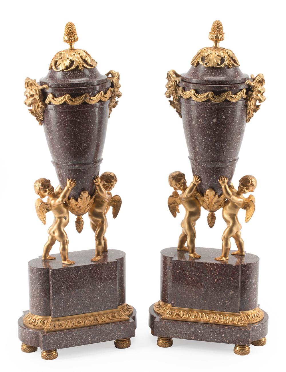 Appraisal: Pair of Louis XV-Style Gilt Bronze and Porphyry Cassolettes vasiform