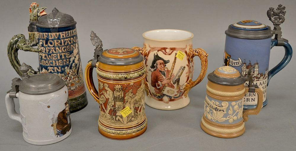 Appraisal: Six Mettlach Geschutzt pieces to include three handle loving mug