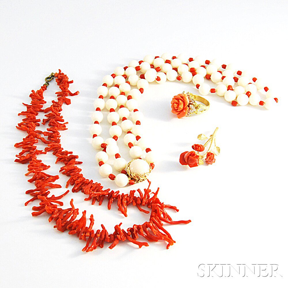 Appraisal: Group of Coral Jewelry a white coral bead necklace with