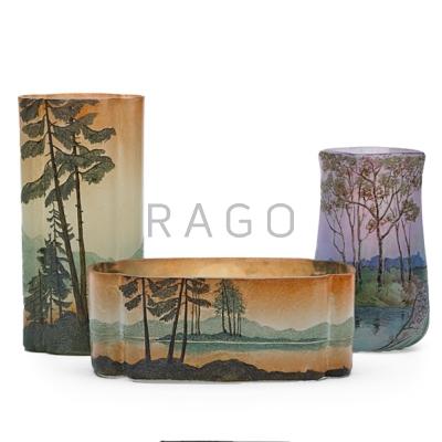 Appraisal: LEGRAS Three vessels decorated with landscapes France Acid-etched and painted